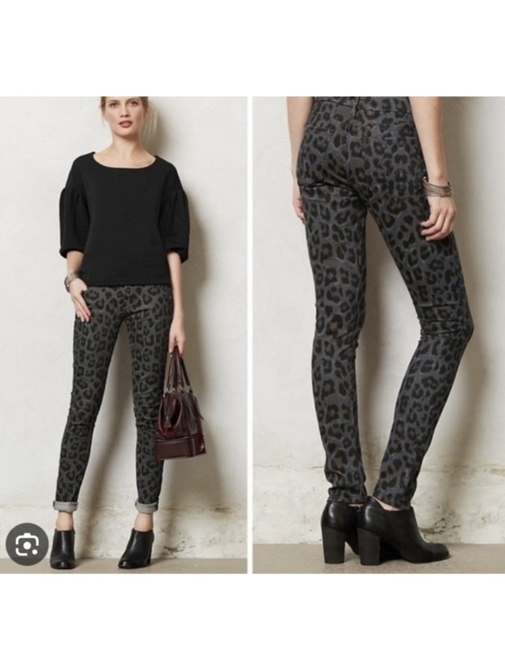 Mother high rise looker straight skinny jeans in paw leopard cheetah grey black